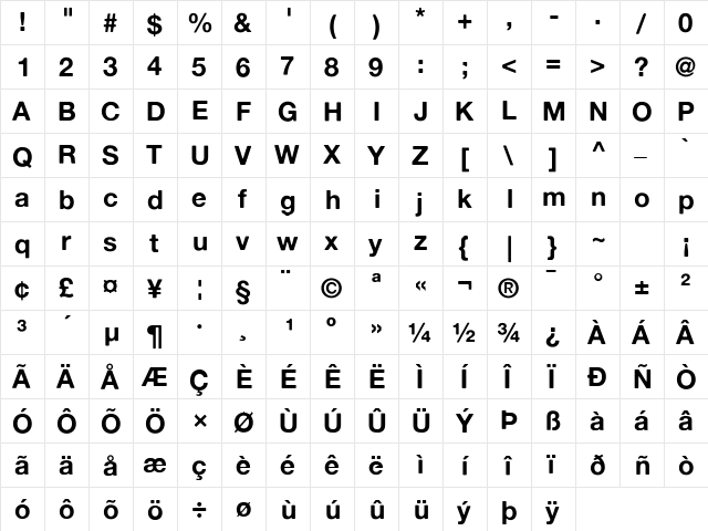 Alte Haas Grotesk Bold  glyph index