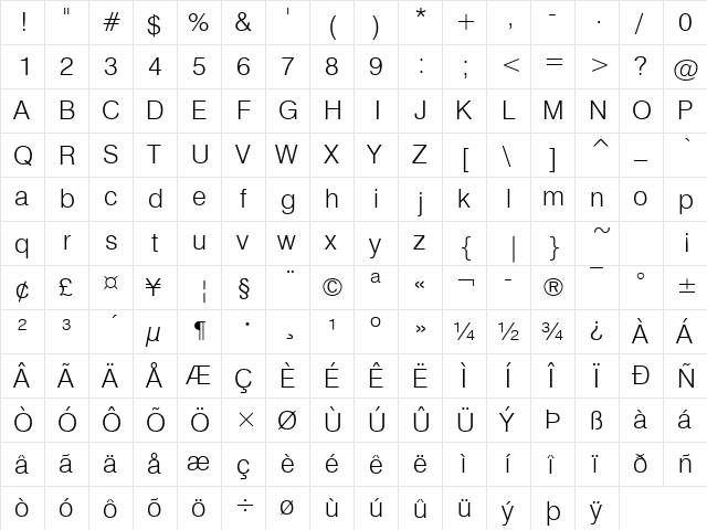 GenevaLght Regular  glyph index