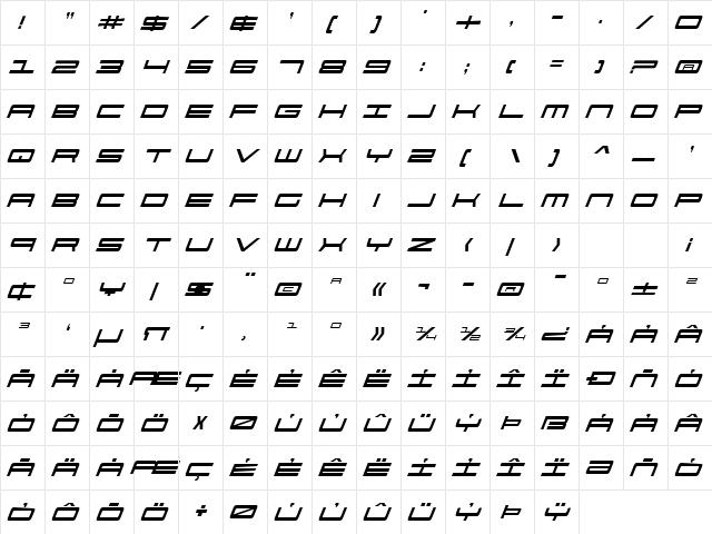 911 Porscha Italic Italic  glyph index