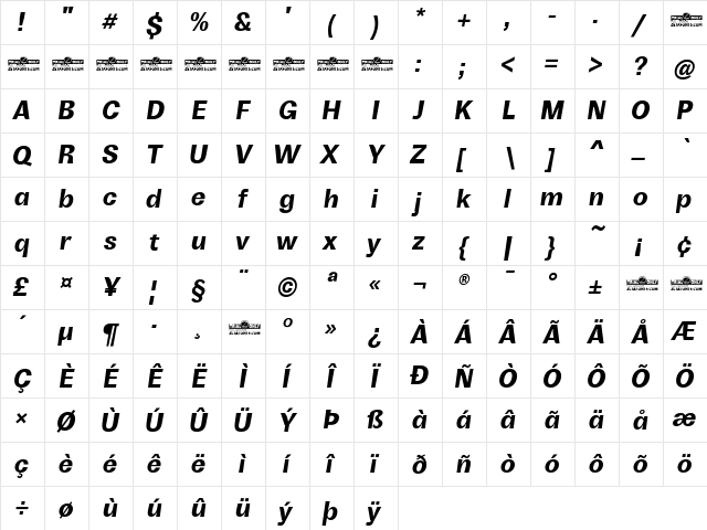 Boring Sans B Trial Bold Italic  glyph index