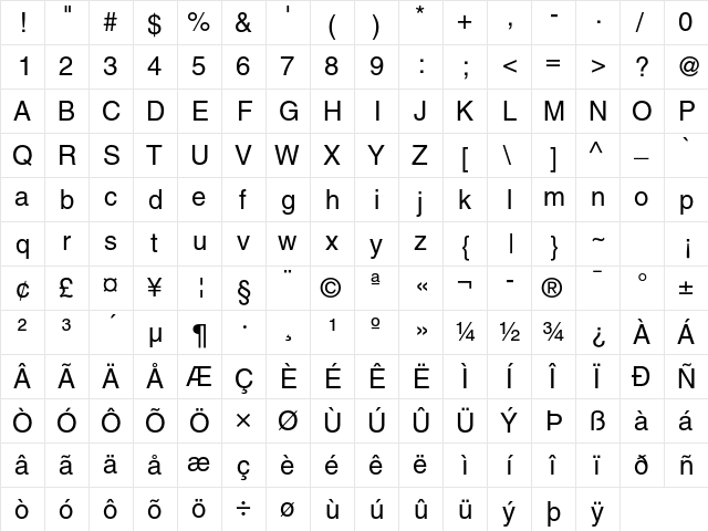 Helvetica LT Std Roman  glyph index