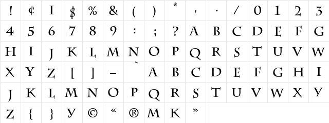 CharlemagneC Regular  glyph index