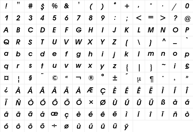 Avant Garde BQ Regular  glyph index