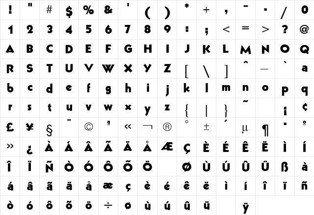 Grizzly Regular  glyph index