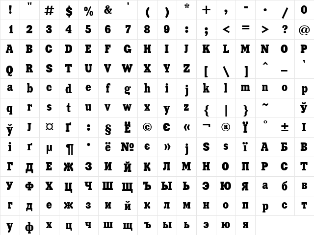 XeniaCondensedC Regular  glyph index