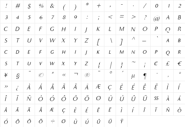 Ela Sans Light Caps Italic  glyph index