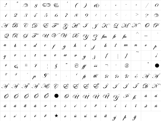EdwardianScrITC BoldAlte  glyph index