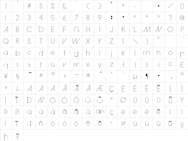 Inlove Light  glyph index
