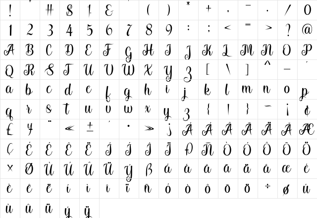 Stayland Regular  glyph index