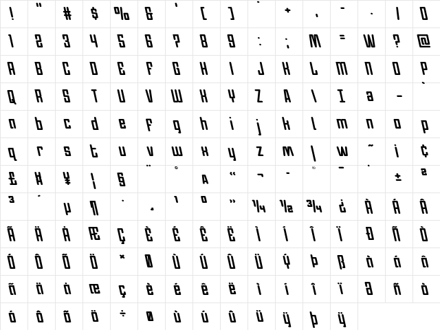 Darklighter Leftalic Italic  glyph index