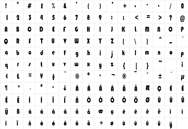 BongoBlackCondensed Regular  glyph index