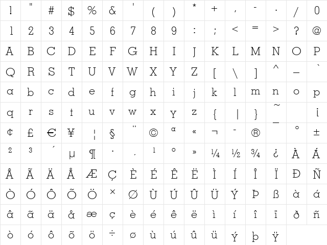 Missouri-Fine Regular  glyph index