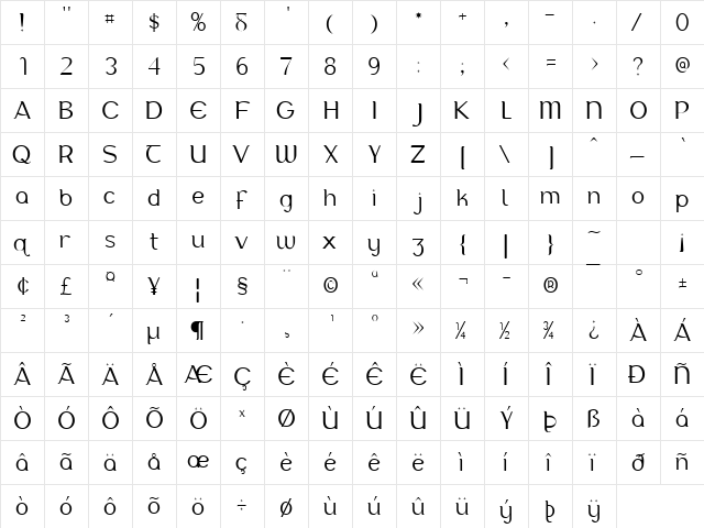 Albina Regular  glyph index