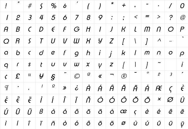Xpress SF Italic  glyph index