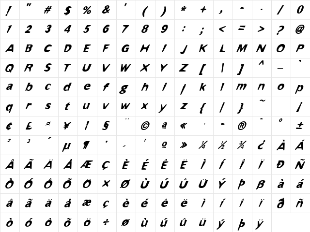 Omaha Bold Italic Regular  glyph index