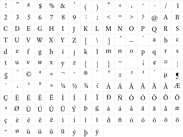 Laurentian Std Regular  glyph index
