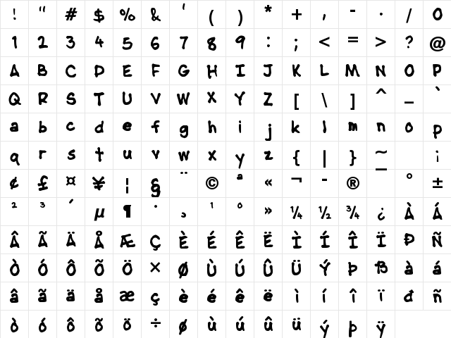 NipCen's Handwriting Bold Bold  glyph index