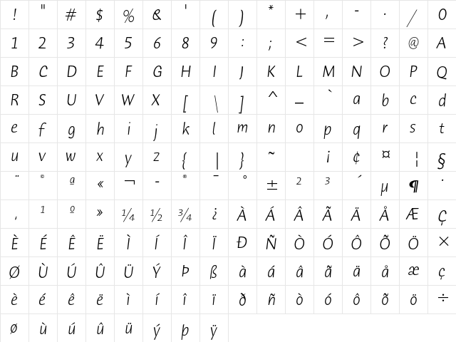 Humana Sans ITC Std Light Ita  glyph index