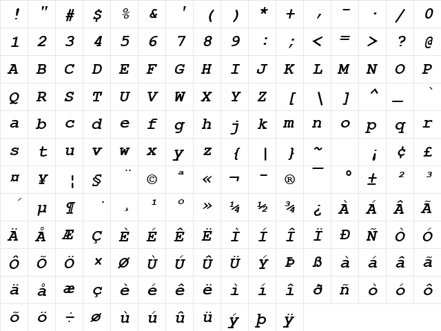 Courier New Bold Italic  glyph index