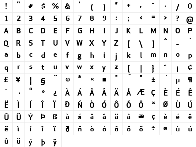 ApexSansBoldT Regular  glyph index