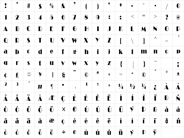 RitzCondensed Normal  glyph index