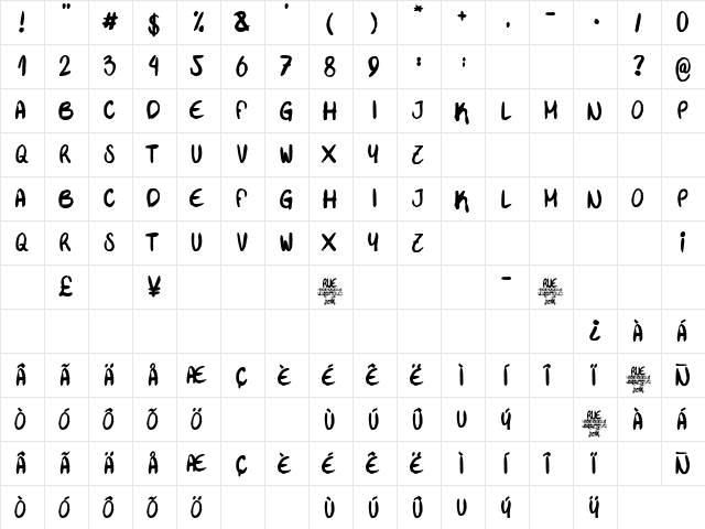 Rue Mademoiselle Regular  glyph index