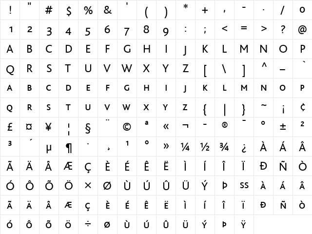 BlissCaps Regular  glyph index
