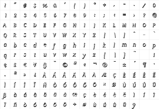 AaronBeckerShadow Italic  glyph index
