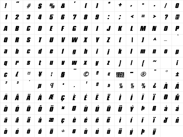 PledgeBlack Italic  glyph index