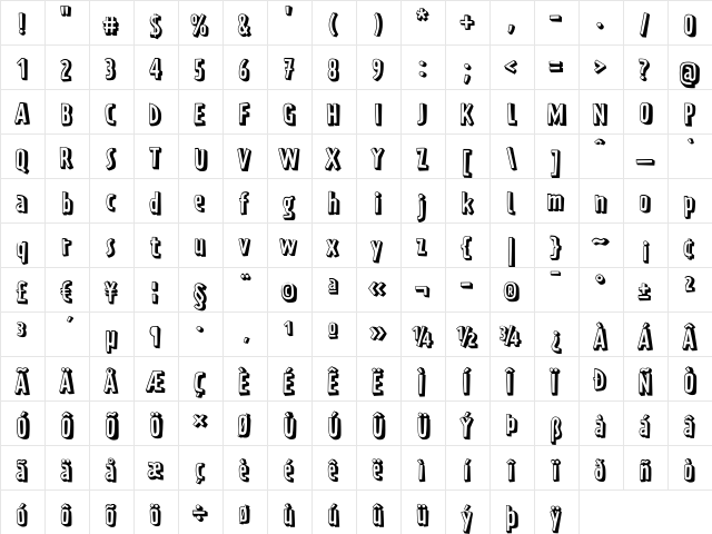 PraterBlockTwo-Regular Regular  glyph index