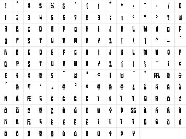 Buster BoldCondensed  glyph index