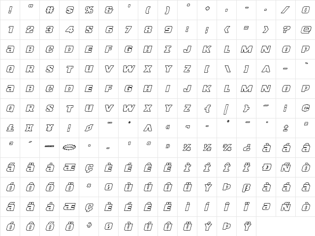 Left Hand Luke Bold Outline Italic Bold Outline Italic  glyph index