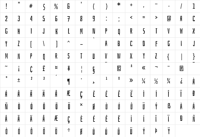 Bahiana Regular  glyph index