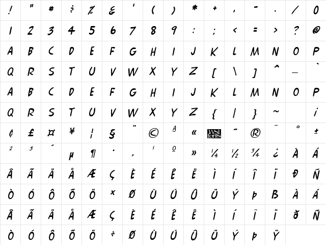 Comix Italic  glyph index