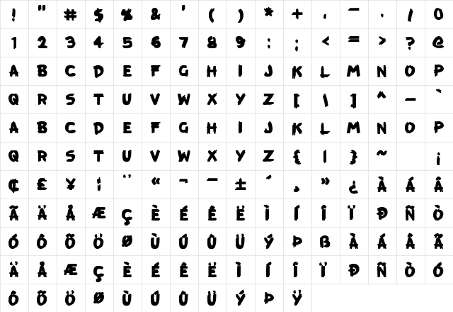 KreepTown Regular  glyph index