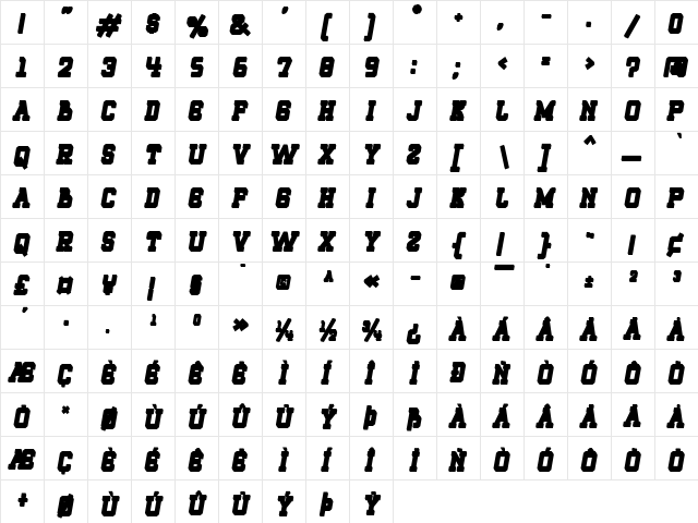 ROQUERO Extrude Italic Bold Italic  glyph index