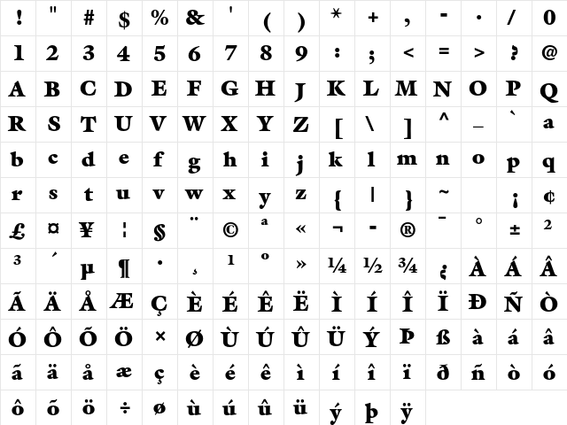 ITC Galliard Std Ultra  glyph index