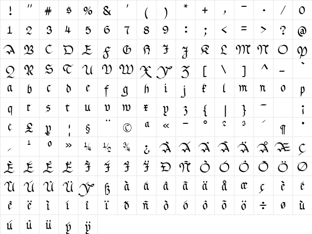 Zumbelsburg Bold  glyph index