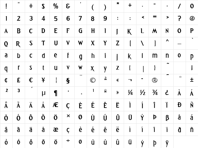 Greetings Bold Regular  glyph index