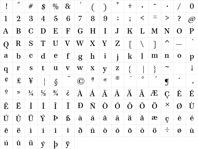 Paperback 24 TT Roman  glyph index