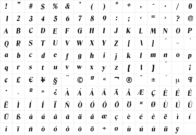 DenverSerial-Xbold Italic  glyph index