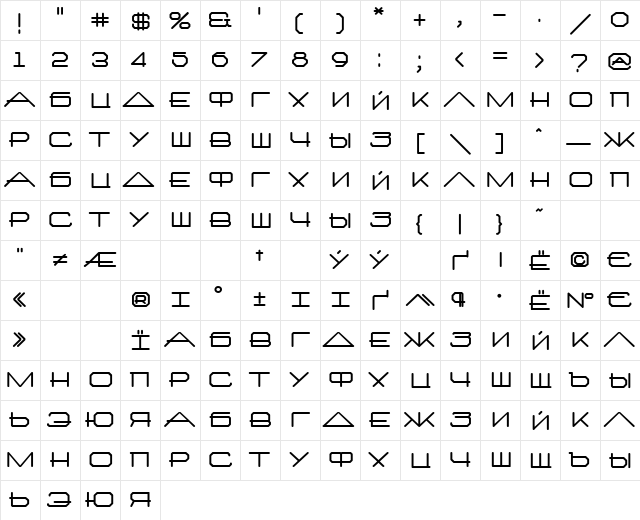 ARX Bold  glyph index