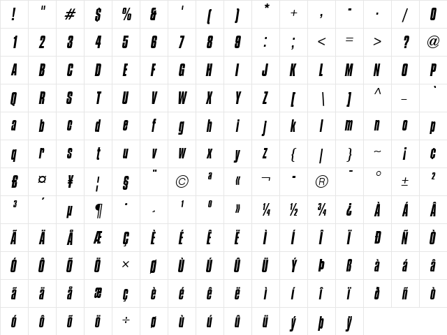 CompactaICG Italic  glyph index