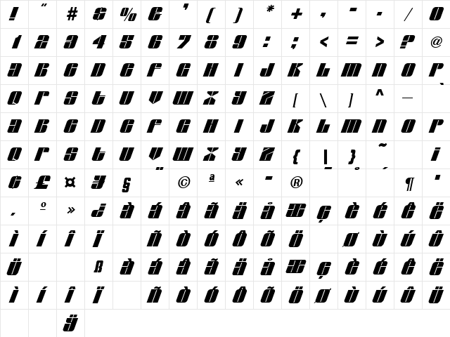 Greyhound SF Regular  glyph index