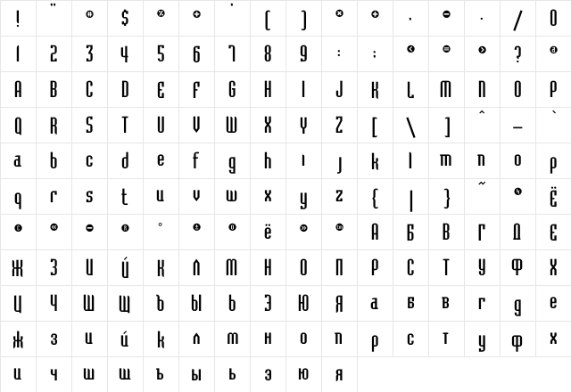 BedrockC Regular  glyph index