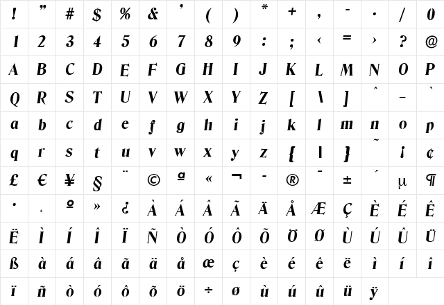 ThomasBecker-ExtraBold Italic  glyph index