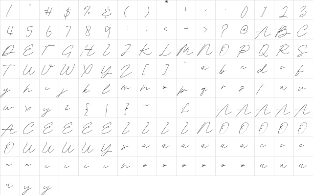 Belatina Regular  glyph index