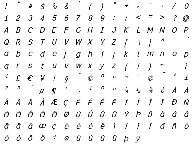 Excite Italic  glyph index