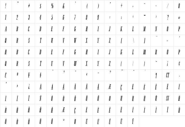 SpireL-Oblique Oblique  glyph index