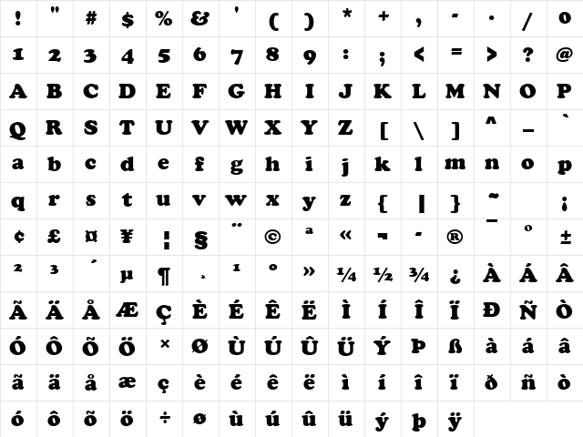 Cooper Black Regular  glyph index